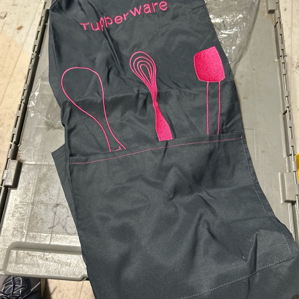 Tupperware Charcoal Apron with Pink Kitchen Tools